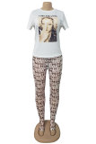 White Fashion Sexy adult Letter Patchwork Print Two Piece Suits pencil Short Sleeve Two Pieces