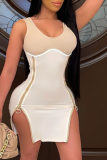 White Sexy Patchwork Zipper O Neck Pencil Skirt Dresses