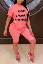 Pink Casual Print Straight Short Sleeve Two Pieces