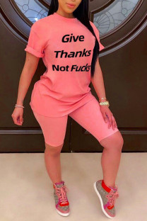 Pink Casual Print Straight Short Sleeve Two Pieces