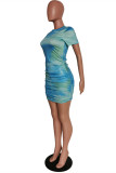 Light Blue Fashion Casual Tie Dye Printing O Neck Short Sleeve Dress