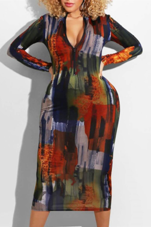 multicolor Fashion Casual Plus Size Print Basic Zipper Collar Printed Dress