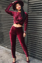 Red Velvet Lightly cooked Fashion adult Solid Two Piece Suits pencil Long Sleeve Two-piece Pants Set