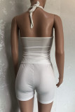 Rose Red Sexy Solid Bandage Backless Asymmetrical Halter Two Pieces
