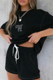 Black Red Fashion Casual Print Basic O Neck Short Sleeve Two Pieces