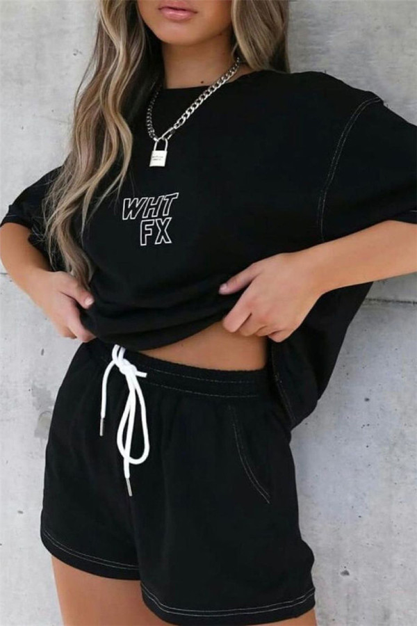 Black Fashion Casual Print Basic O Neck Short Sleeve Two Pieces