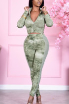 Green Casual Print Solid Patchwork Zipper Collar Long Sleeve Two Pieces