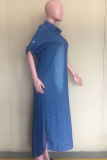 Blue The cowboy Fashion adult Ma'am Sweet Cap Sleeve Half Sleeves Turndown Collar Princess Dress Ankle-Length Solid Dresses