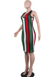 Red Fashion Sexy Red Blue Pink Yellow Wine Red Navy Blue Tank Sleeveless V Neck Hip skirt Knee-Length Striped Dresses