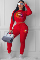 Red OL Two Piece Suits Print pencil Long Sleeve Two-piece Pants Set
