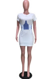 White Fashion Sexy adult White Cap Sleeve Short Sleeves O neck Step Skirt Mini Print Patchwork bandage Colouring asymmetrical Dresses