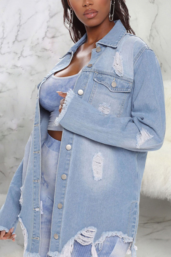Light Blue Sexy Solid Ripped Make Old Turndown Collar Outerwear