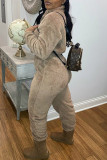 Brown Fashion Casual Solid Basic Zipper Collar Long Sleeve Two Pieces