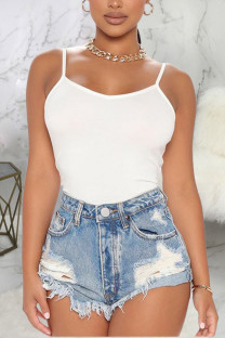 Light Blue Denim Zipper Fly High Hole washing Straight shorts Bottoms