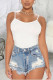 Light Blue Denim Zipper Fly High Hole washing Straight shorts Bottoms