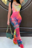 rose red Fashion Sexy Print Patchwork Tie-dyed Draped Sleeveless Slip Jumpsuits