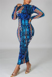 Dark Blue Fashion Casual Print Basic Half A Turtleneck Long Sleeve Dress