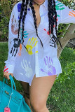 White Casual Print Patchwork Buckle Shirt Collar Tops