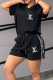 Black Casual Letters Lace Up V Neck Short Sleeve Two Pieces