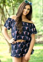 Navy Print Mid Waist Elastic Waist Two-piece suit