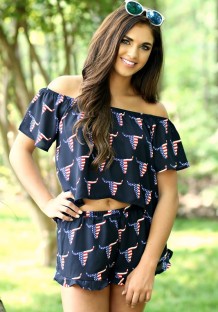 Navy Print Mid Waist Elastic Waist Two-piece suit