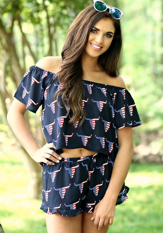 Navy Print Mid Waist Elastic Waist Two-piece suit