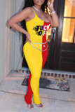 Yellow Red Fashion Sexy Letter Print Patchwork Backless Fold O Neck Skinny Jumpsuits