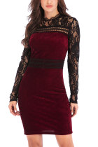 Red Fashion Long Sleeves O neck Slim Dress Mini Patchwork Long Sleeve Dresses