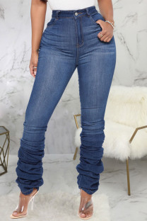 Dark Blue Sexy Solid Fold High Waist Straight Denim