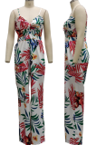 Yellow Sexy Print Hollowed Out Spaghetti Strap Straight Jumpsuits