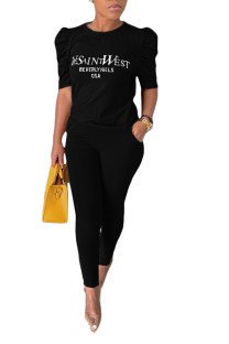 Black Fashion Casual Print pencil Half Sleeve Two Pieces