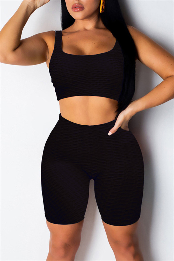Black Casual Sportswear Solid Vests U Neck Sleeveless Two Pieces