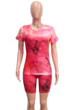 Multicolor Fashion Casual Print Basic O Neck Short Sleeve Two Pieces