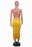 Gold Fashion Sexy Print Backless Spaghetti Strap Sleeveless Dress