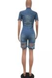 rose red Casual Fashion Solid Pocket Asymmetrical Button Short Sleeve Turndown Collar 