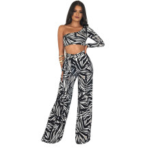 Black Elastic Fly Mid Print Loose Pants Two-piece suit