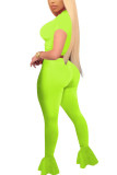 Fluorescent green Fashion Sexy adult Ma'am Patchwork Solid Two Piece Suits Straight Short Sleeve Two Pieces