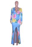 Light Blue Street Fashion adult Sexy Cap Sleeve Long Sleeves V Neck Sheath Ankle-Length Print split F