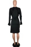 Green Elegant Solid O Neck Dresses