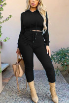Black Casual Solid Patchwork Hooded Collar Long Sleeve Two Pieces