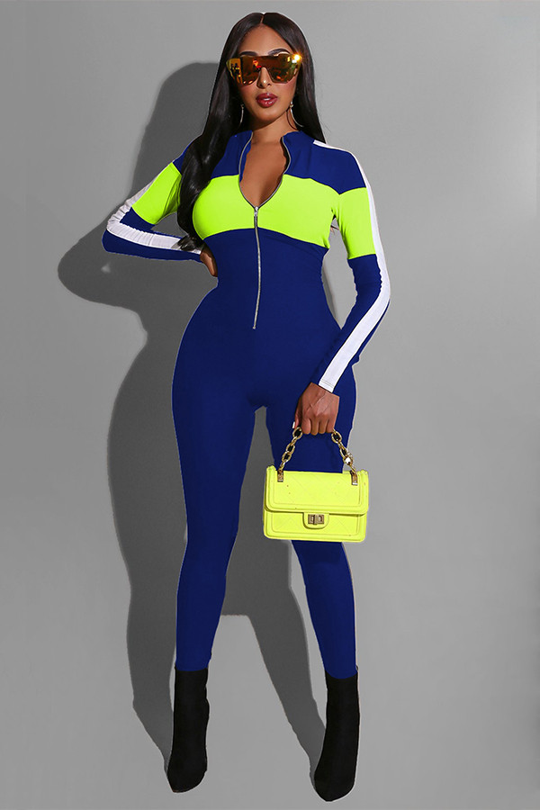 Blue Casual Fashion Solid zipper Patchwork Long Sleeve V Neck 