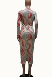Green Sexy Milk Fiber Print O Neck Long Sleeve Ankle Length Pencil Skirt Dresses