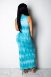 Light Blue Fashion Sexy Tank Sleeveless O neck Sheath Ankle-Length Hand-painted asymmetrical split C