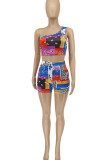 Purple Street Geometric Print Patchwork Oblique Collar Sleeveless Two Pieces