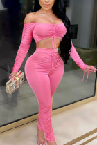 Pink Sexy Solid Patchwork Draw String Fold Strapless Long Sleeve Short Two Pieces【Special offer, no returns or exchanges.】