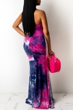 Rose Red Sexy Patchwork Hollowed Out Tie-dye Halter Cake Skirt Dresses