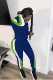 Royal blue adult Fashion OL Solid Two Piece Suits Patchwork Zippered pencil Long Sleeve