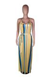 Yellow Sexy Fashion Spaghetti Strap Sleeveless Slip Straight Floor-Length Striped asymmetrical C