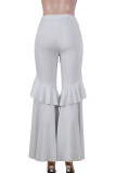 White Elastic Fly Mid Sequin Solid Loose Pants