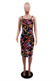 Black Fashion Sexy Print Backless Spaghetti Strap Sleeveless Dress